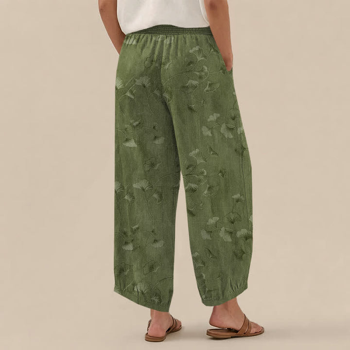 Buddha Stones Pantalon harem pour femme en coton à motif de feuilles de ginkgo, plissé, taille élastique et poches - image 8