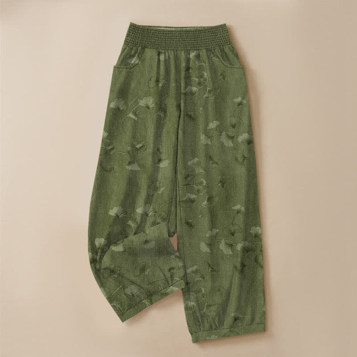 Buddha Stones Pantalon harem pour femme en coton à motif de feuilles de ginkgo, plissé, taille élastique et poches - image 9
