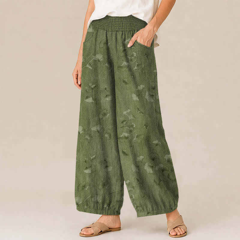 Buddha Stones Pantalon harem pour femme en coton à motif de feuilles de ginkgo, plissé, taille élastique et poches - image 7