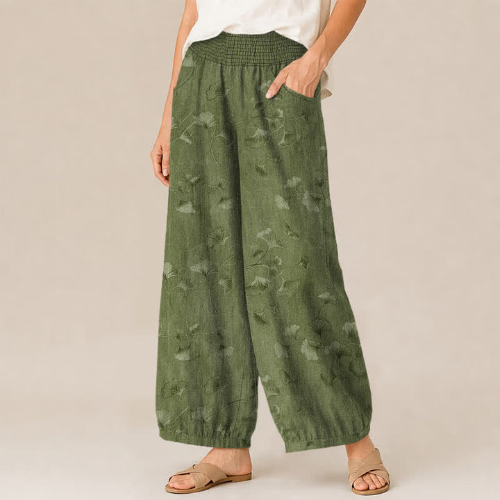 Buddha Stones Pantalon harem pour femme en coton à motif de feuilles de ginkgo, plissé, taille élastique et poches - image 7