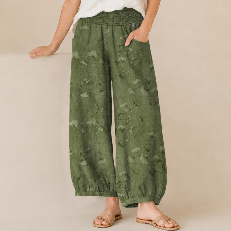 Buddha Stones Pantalon harem pour femme en coton à motif de feuilles de ginkgo, plissé, taille élastique et poches - Vert olive - US16，UK/AU20，EU48 (3XL) - image 6