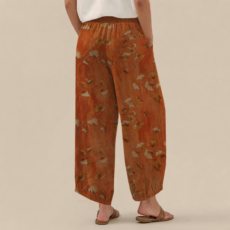 Buddha Stones Pantalon harem pour femme en coton à motif de feuilles de ginkgo, plissé, taille élastique et poches - image 12