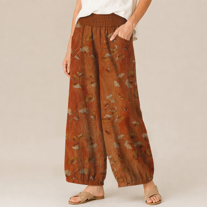 Buddha Stones Pantalon harem pour femme en coton à motif de feuilles de ginkgo, plissé, taille élastique et poches - image 11
