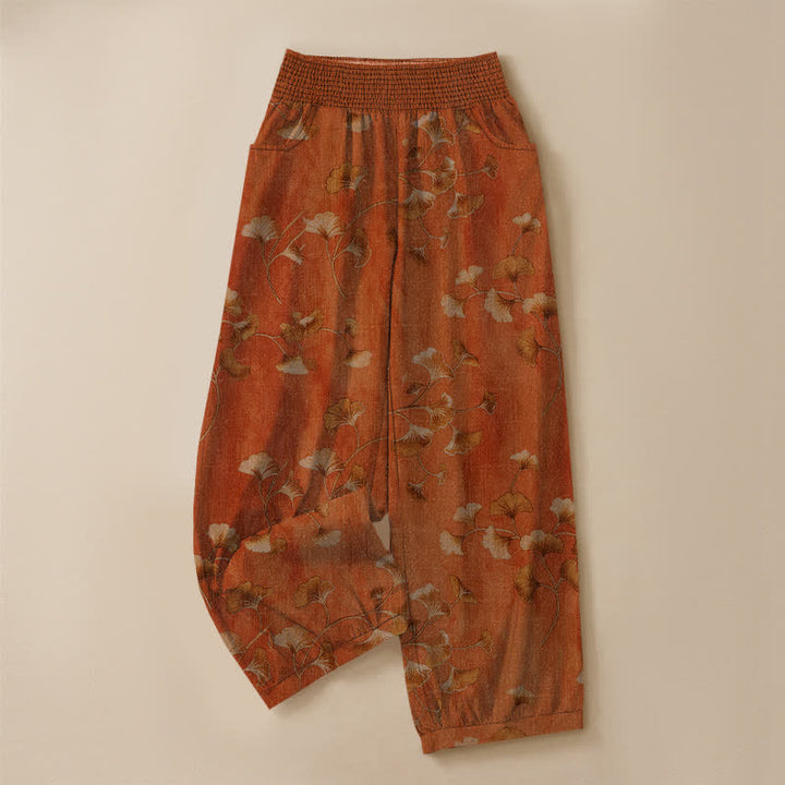 Buddha Stones Pantalon harem pour femme en coton à motif de feuilles de ginkgo, plissé, taille élastique et poches - image 13