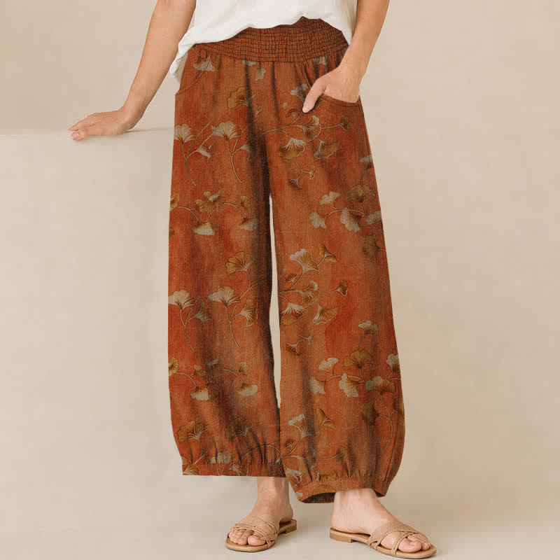 Buddha Stones Pantalon harem pour femme en coton à motif de feuilles de ginkgo, plissé, taille élastique et poches - Terre de sienne - US16，UK/AU20，EU48 (3XL) - image 10