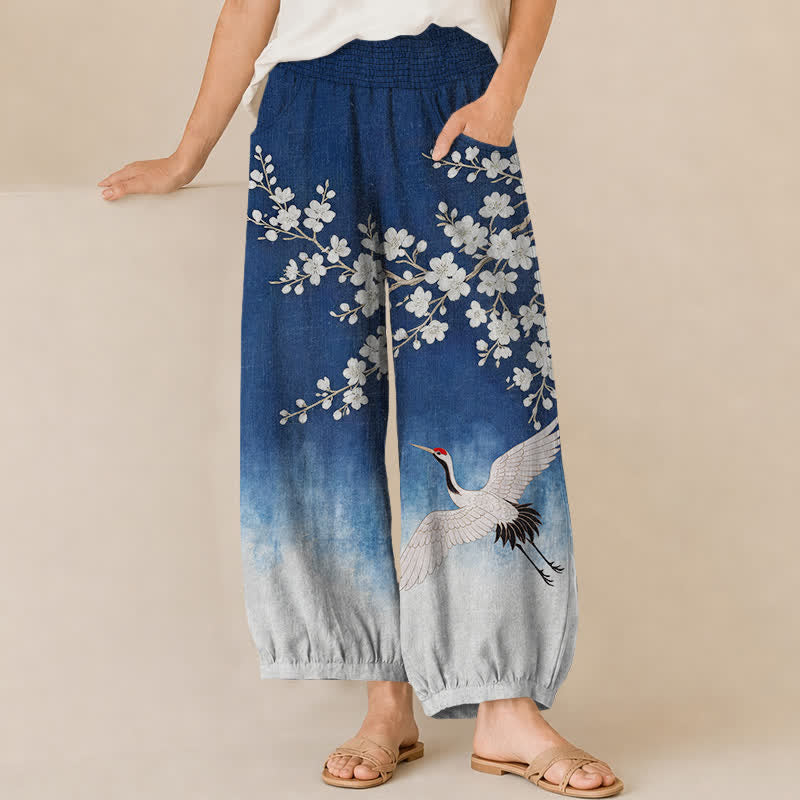 Buddha Stones Pantalon harem pour femme en coton à motif de grues orientales et de fleurs de prunier, plissé, taille élastique et poches - Bleu - US16，UK/AU20，EU48 (3XL) - image 0