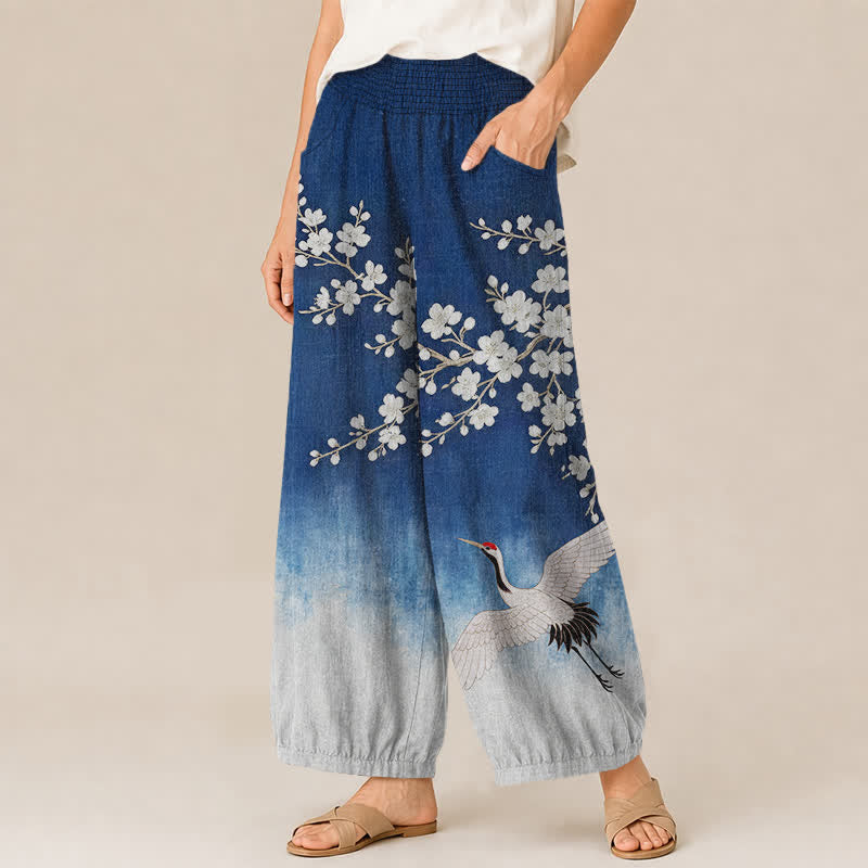 Buddha Stones Pantalon harem pour femme en coton à motif de grues orientales et de fleurs de prunier, plissé, taille élastique et poches - image 1