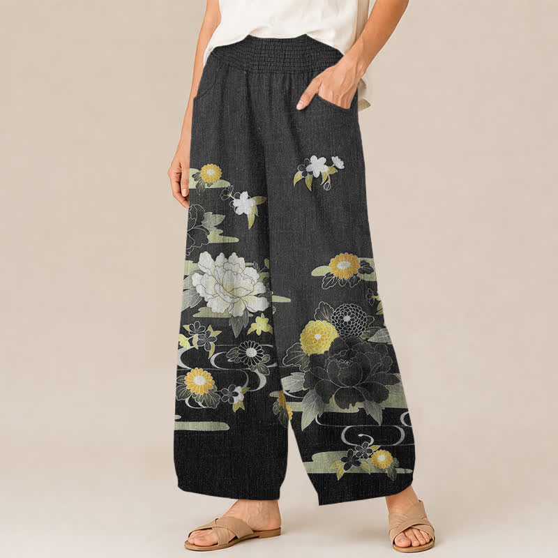 Buddha Stones Pantalon harem pour femme en coton à motif floral oriental pivoine, plissé, taille élastique et poches - image 1