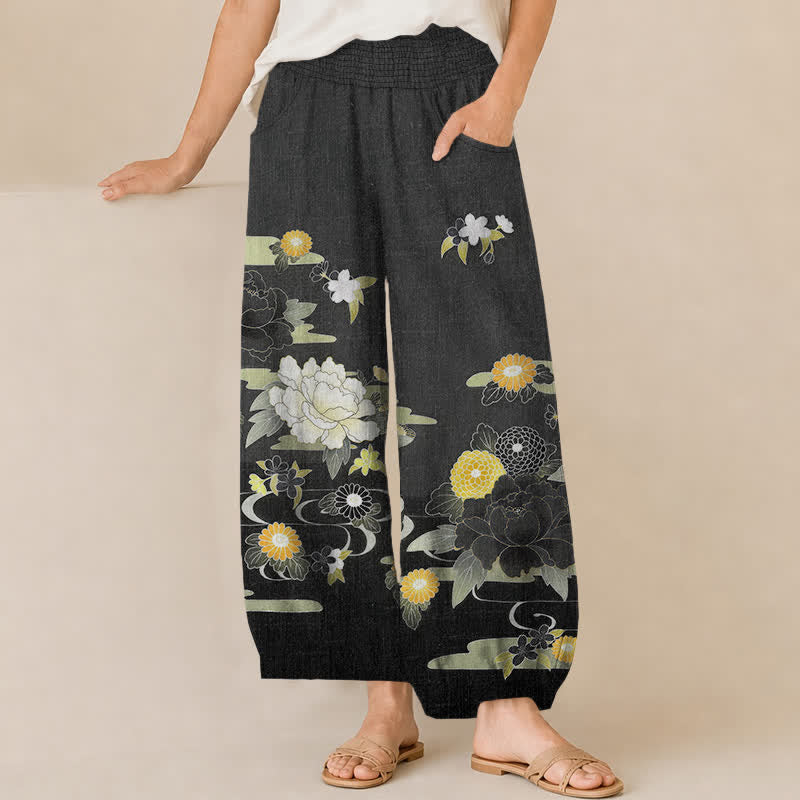 Buddha Stones Pantalon harem pour femme en coton à motif floral oriental pivoine, plissé, taille élastique et poches - Noir - US16，UK/AU20，EU48 (3XL) - image 0