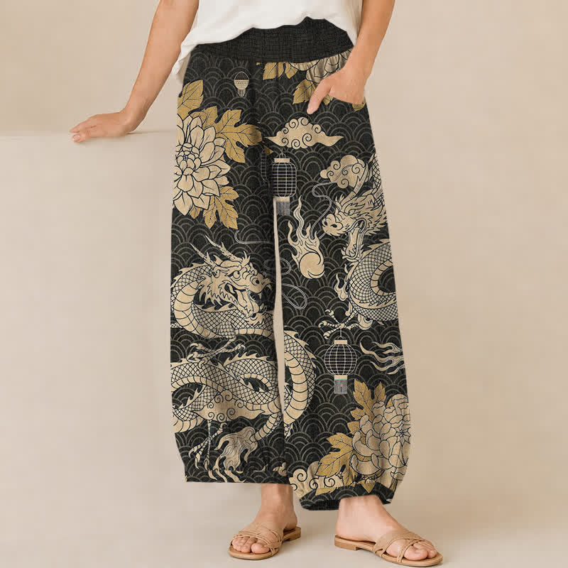 Buddha Stones Pantalon harem pour femme en coton à motif oriental dragon, lotus et nuage, plissé, taille élastique et poches - Noir - US16，UK/AU20，EU48 (3XL) - image 0
