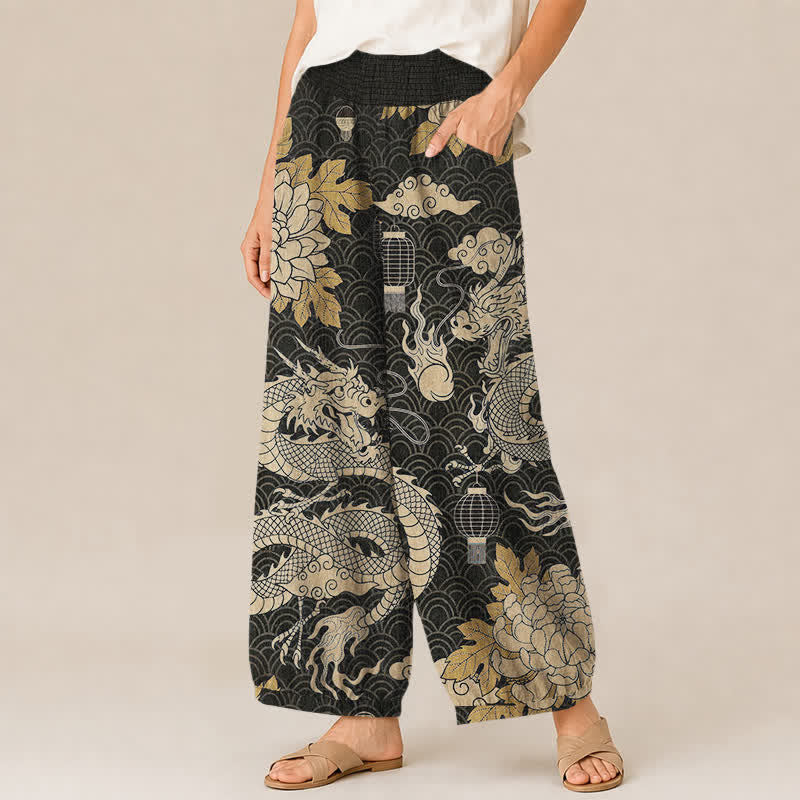 Buddha Stones Pantalon harem pour femme en coton à motif oriental dragon, lotus et nuage, plissé, taille élastique et poches - image 1