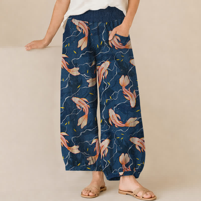 Buddha Stones Pantalon harem pour femme en coton à motif de vagues de carpes koï, plissé, taille élastique et poches - Marine - US16，UK/AU20，EU48 (3XL) - image 0