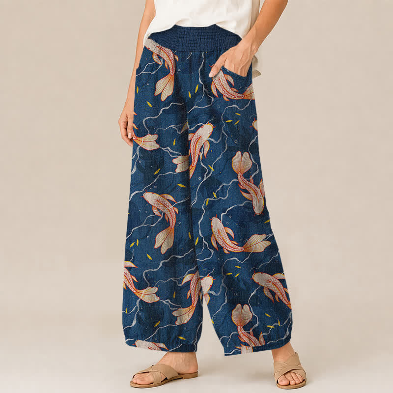Buddha Stones Pantalon harem pour femme en coton à motif de vagues de carpes koï, plissé, taille élastique et poches - image 1