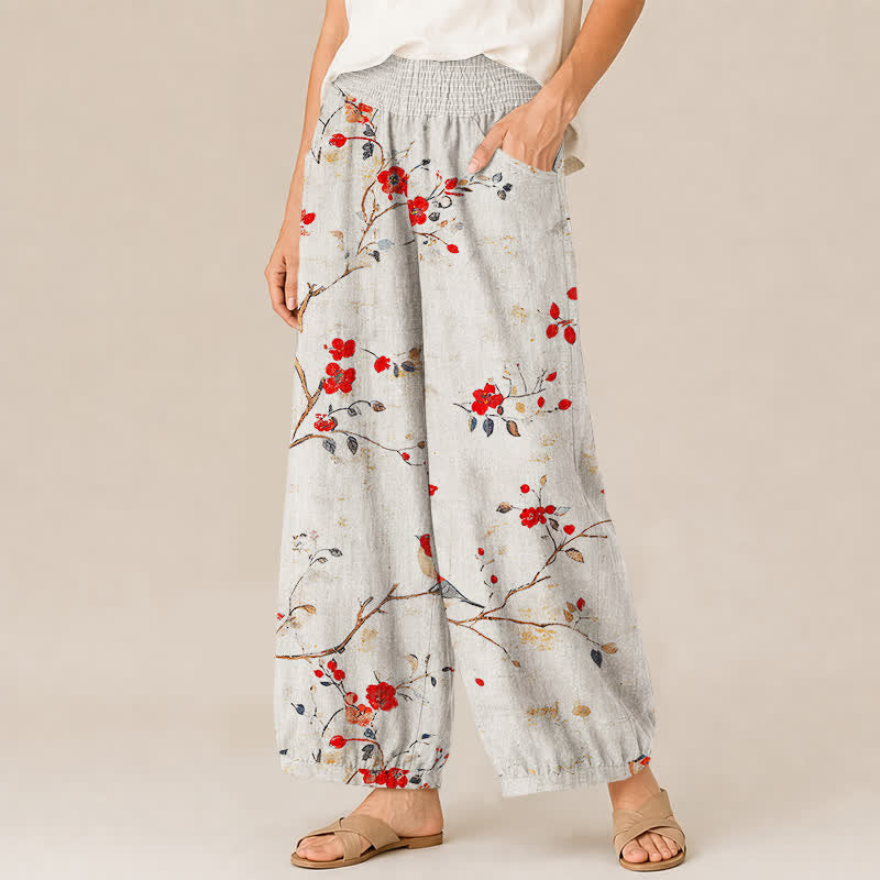 Buddha Stones Pantalon harem pour femme avec poches, plissé, à motif de fleurs de coton, d'oiseaux et de branches. - image 1