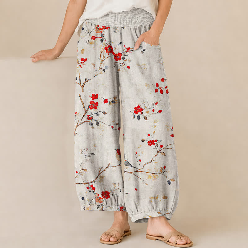 Buddha Stones Pantalon harem pour femme avec poches, plissé, à motif de fleurs de coton, d'oiseaux et de branches. - Lin - US16，UK/AU20，EU48 (3XL) - image 0