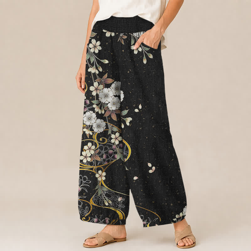 Buddha Stones Pantalon harem pour femme en coton à motif floral asymétrique et plissé, taille élastique et poches - image 1
