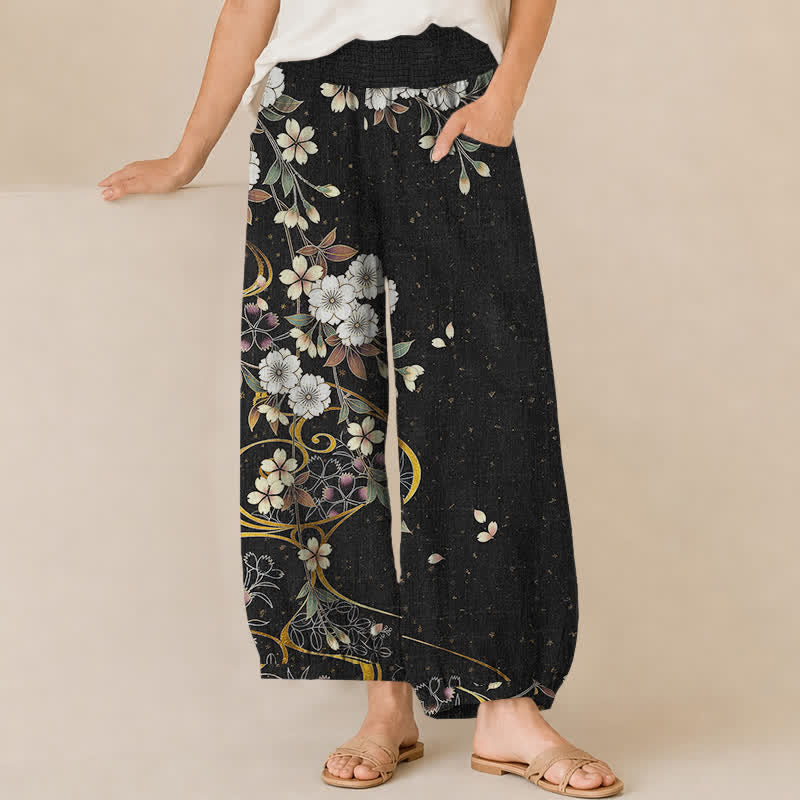 Buddha Stones Pantalon harem pour femme en coton à motif floral asymétrique et plissé, taille élastique et poches - Noir - US16，UK/AU20，EU48 (3XL) - image 0