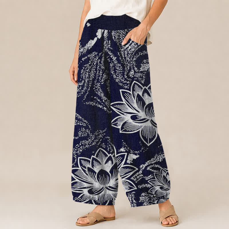 Buddha Stones Pantalon harem pour femme en coton blanc à motif floral lotus, plissé, taille élastique et poches - image 1