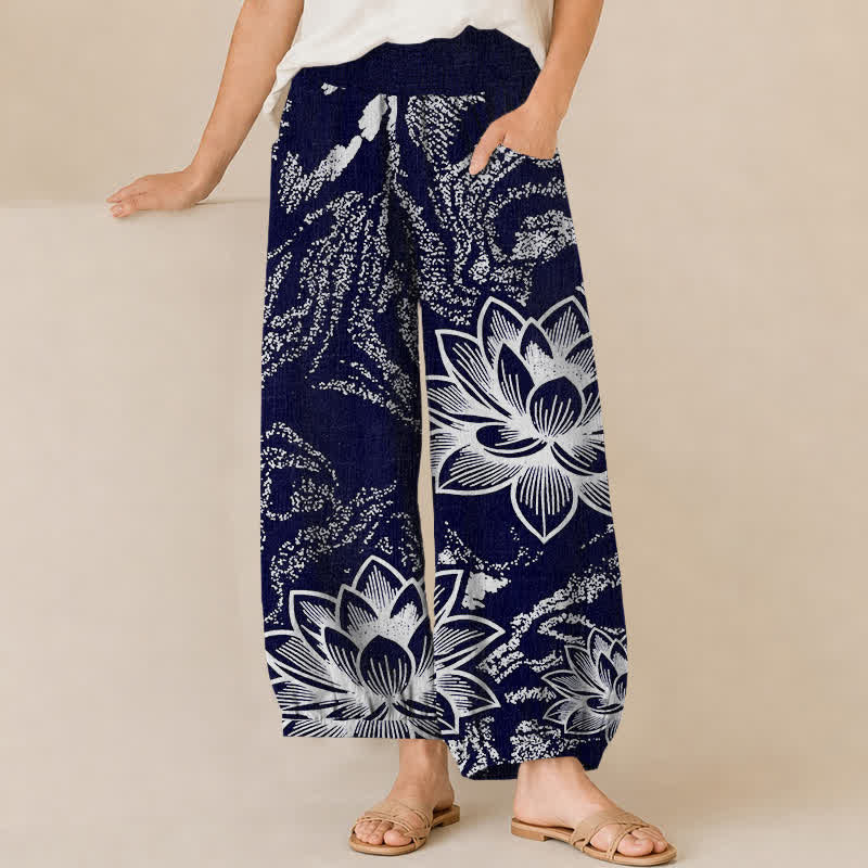 Buddha Stones Pantalon harem pour femme en coton blanc à motif floral lotus, plissé, taille élastique et poches - Marine - US16，UK/AU20，EU48 (3XL) - image 0