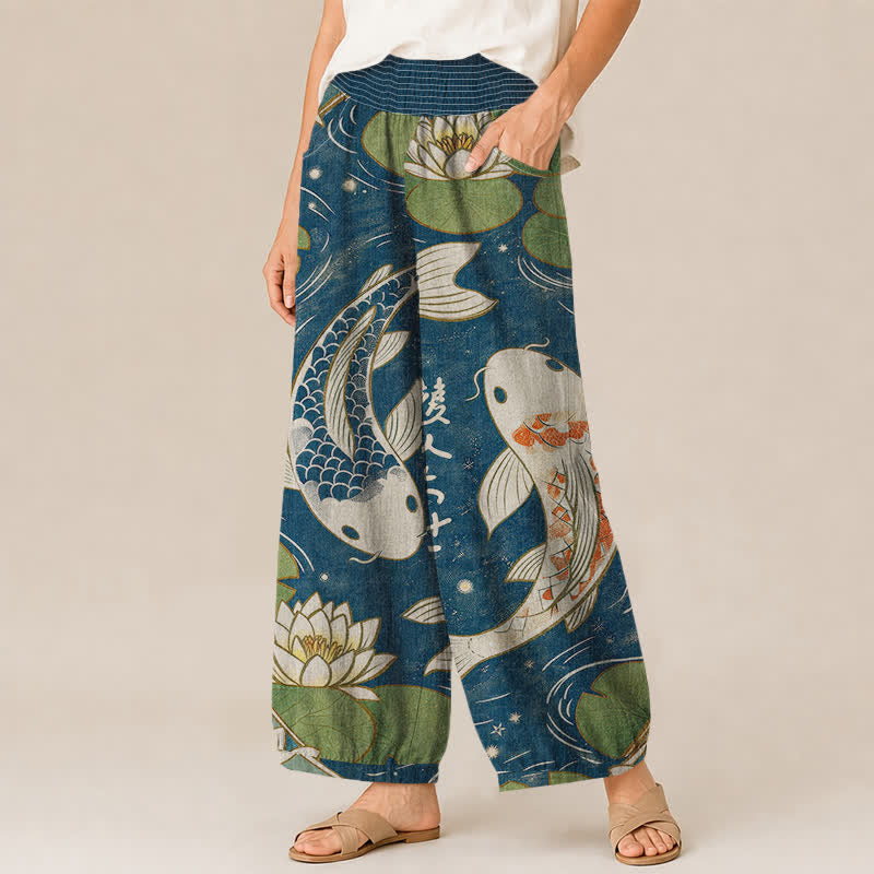 Buddha Stones Pantalon harem pour femme en coton à motif de carpes koï et de lotus, plissé, taille élastique et poches - image 1