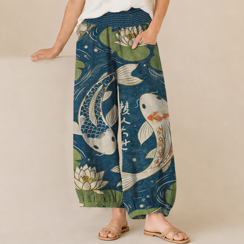 Buddha Stones Pantalon harem pour femme en coton à motif de carpes koï et de lotus, plissé, taille élastique et poches - SteelBlue - US16，UK/AU20，EU48 (3XL) - image 0