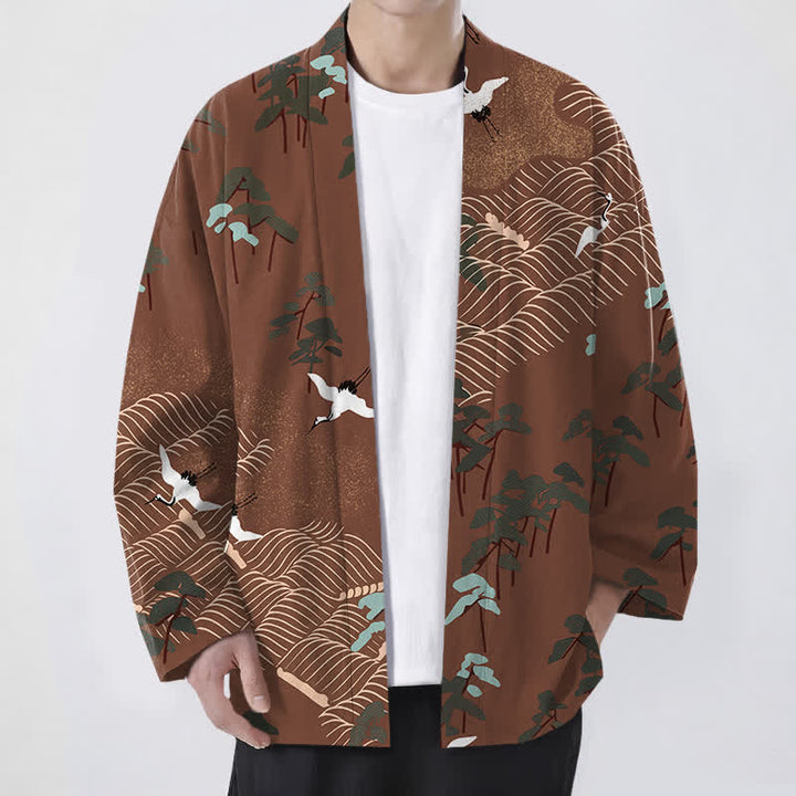 Buddha Stones Kimono pour homme ouvert sur le devant, en coton blanc à motif de grues et de vagues. - Terre de sienne - US/UK/AU48，EU58 (4XL) - image 0