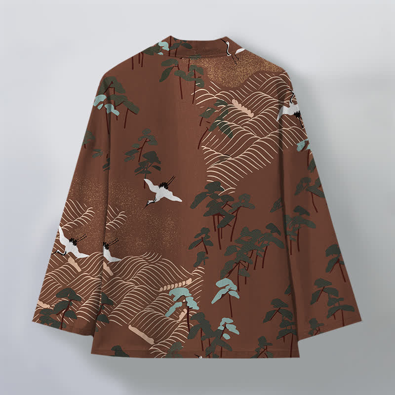 Buddha Stones Kimono pour homme ouvert sur le devant, en coton blanc à motif de grues et de vagues. - image 2