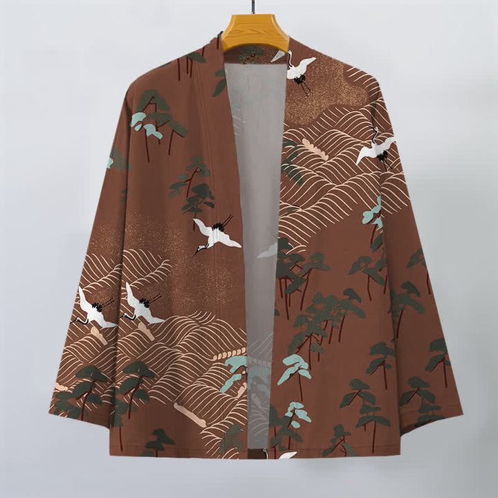 Buddha Stones Kimono pour homme ouvert sur le devant, en coton blanc à motif de grues et de vagues. - image 1