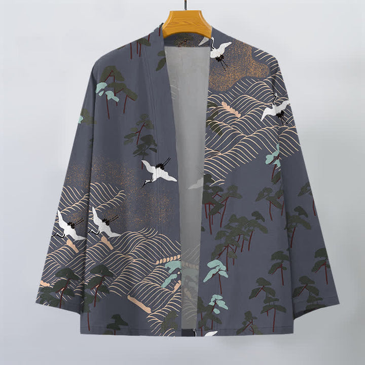 Buddha Stones Kimono pour homme ouvert sur le devant, en coton blanc à motif de grues et de vagues. - image 7