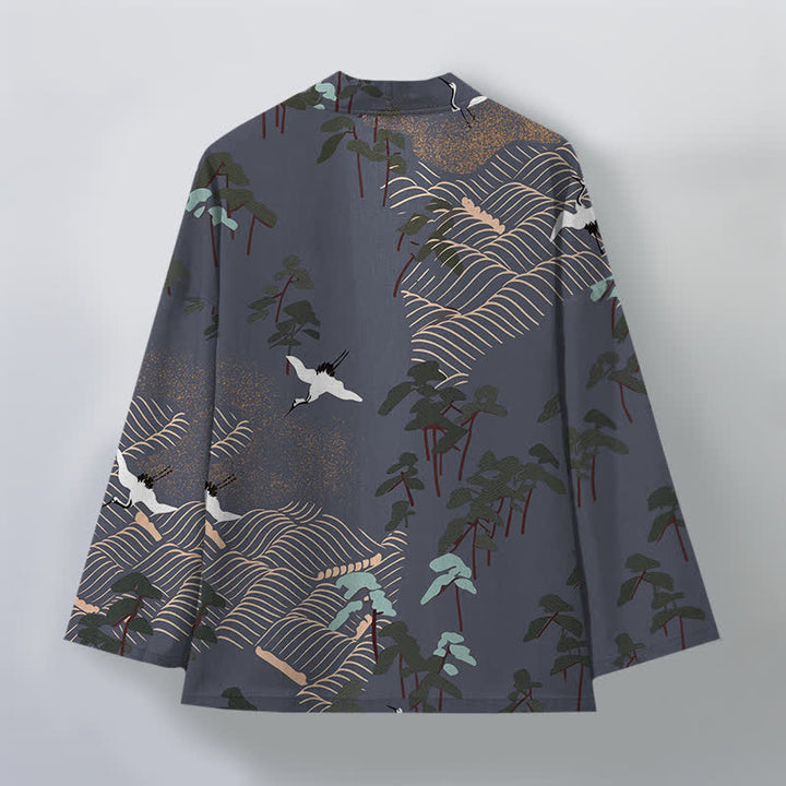 Buddha Stones Kimono pour homme ouvert sur le devant, en coton blanc à motif de grues et de vagues. - image 8