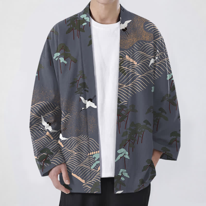 Buddha Stones Kimono pour homme ouvert sur le devant, en coton blanc à motif de grues et de vagues. - Gris ardoise clair - US/UK/AU48，EU58 (4XL) - image 6