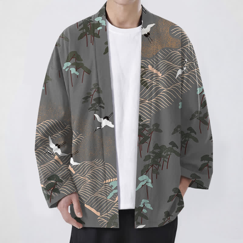 Buddha Stones Kimono pour homme ouvert sur le devant, en coton blanc à motif de grues et de vagues. - Gris foncé - US/UK/AU48，EU58 (4XL) - image 9