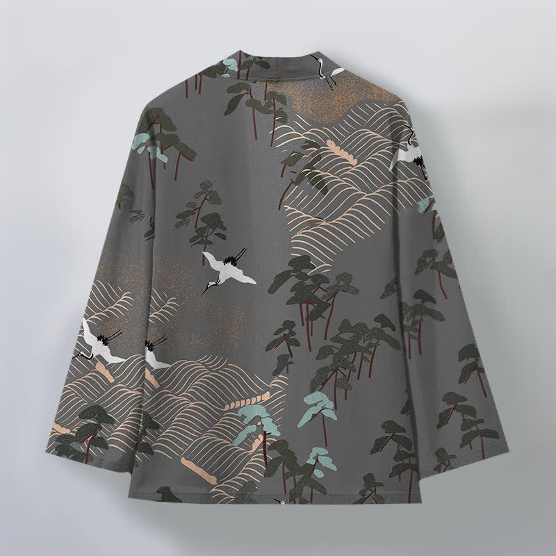 Buddha Stones Kimono pour homme ouvert sur le devant, en coton blanc à motif de grues et de vagues. - image 11