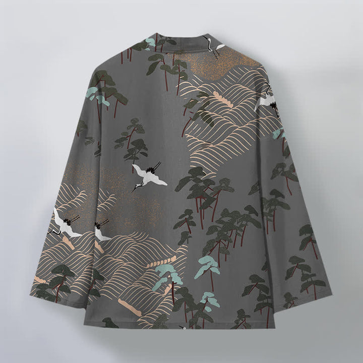 Buddha Stones Kimono pour homme ouvert sur le devant, en coton blanc à motif de grues et de vagues. - image 11