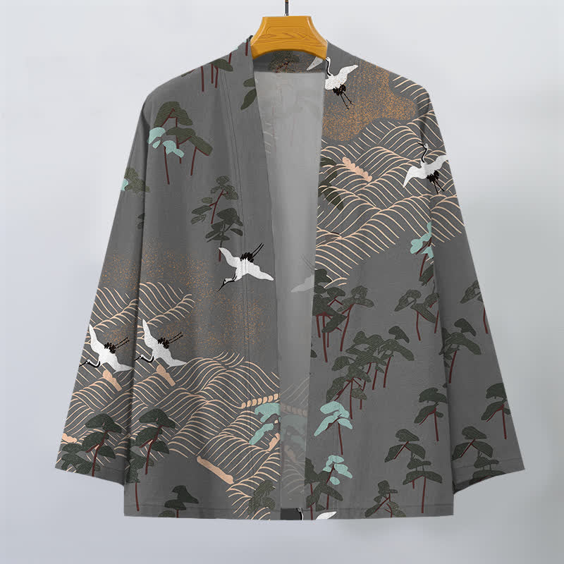 Buddha Stones Kimono pour homme ouvert sur le devant, en coton blanc à motif de grues et de vagues. - image 10