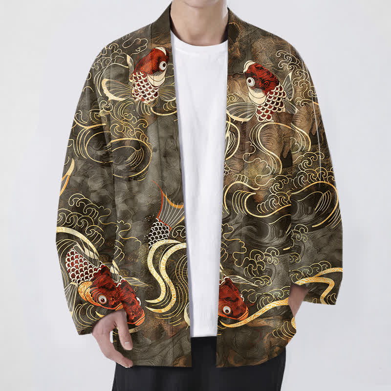 Buddha Stones Kimono pour homme en coton rouge à motif de carpes koï et de vagues dorées, ouvert sur le devant - Olive - US/UK/AU48，EU58 (4XL) - image 0