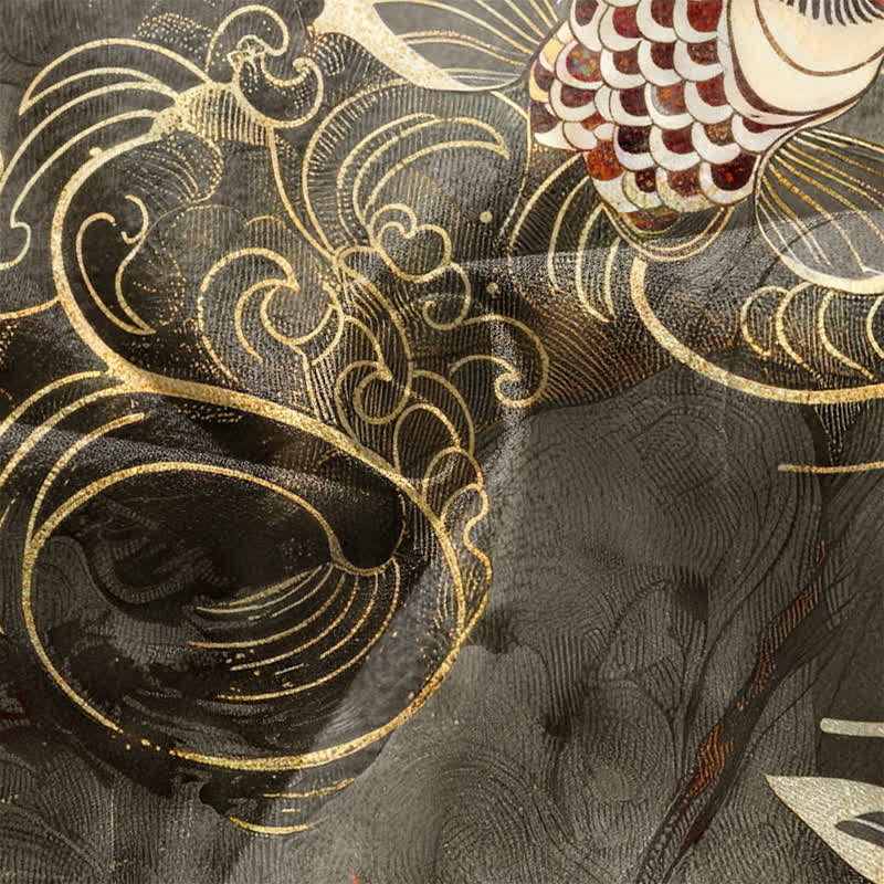 Buddha Stones Kimono pour homme en coton rouge à motif de carpes koï et de vagues dorées, ouvert sur le devant - image 5