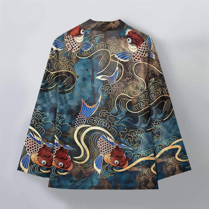Buddha Stones Kimono pour homme en coton rouge à motif de carpes koï et de vagues dorées, ouvert sur le devant - image 8