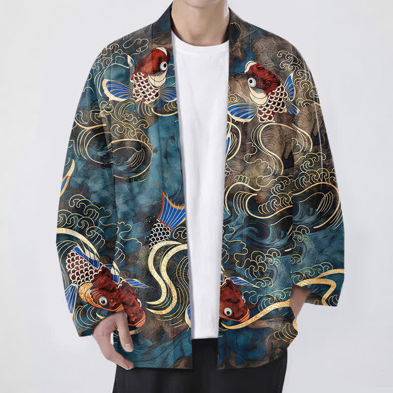 Buddha Stones Kimono pour homme en coton rouge à motif de carpes koï et de vagues dorées, ouvert sur le devant - Bleuet - US/UK/AU48，EU58 (4XL) - image 6
