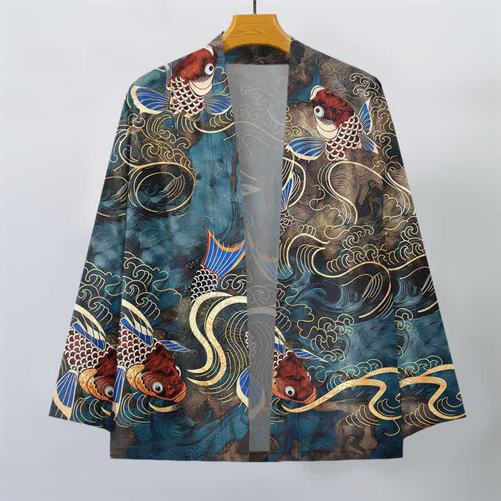 Buddha Stones Kimono pour homme en coton rouge à motif de carpes koï et de vagues dorées, ouvert sur le devant - image 7