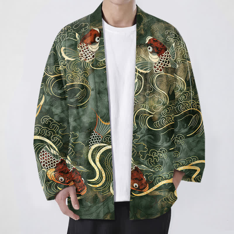 Buddha Stones Kimono pour homme en coton rouge à motif de carpes koï et de vagues dorées, ouvert sur le devant - Vert olive foncé - US/UK/AU48，EU58 (4XL) - image 9