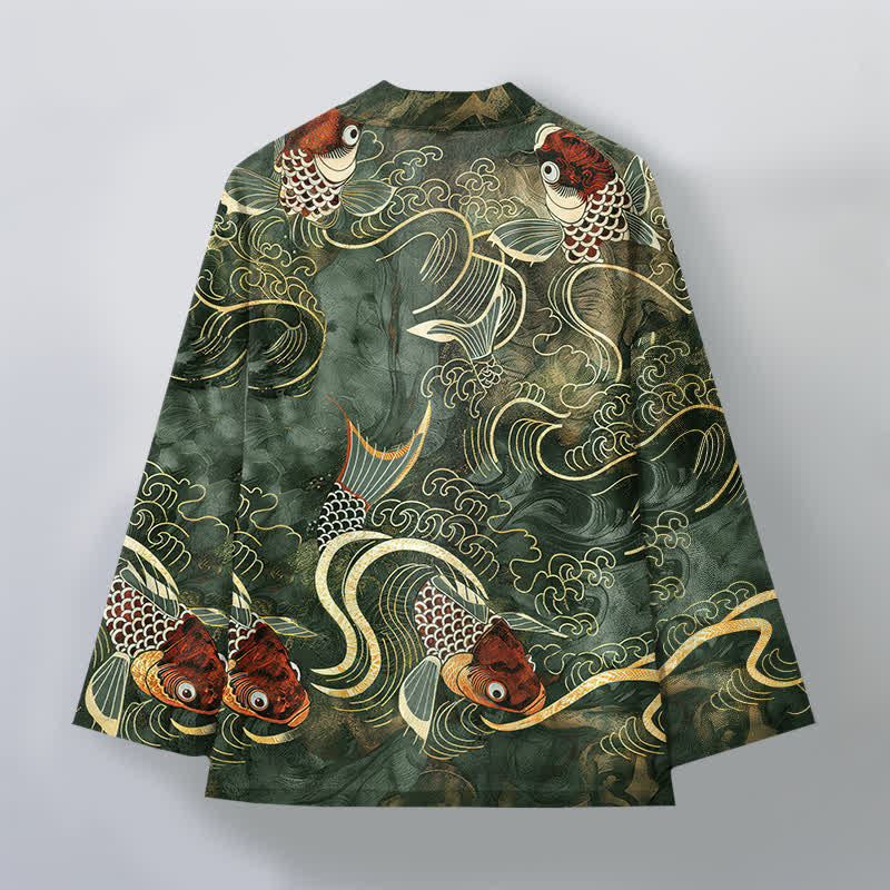 Buddha Stones Kimono pour homme en coton rouge à motif de carpes koï et de vagues dorées, ouvert sur le devant - image 11