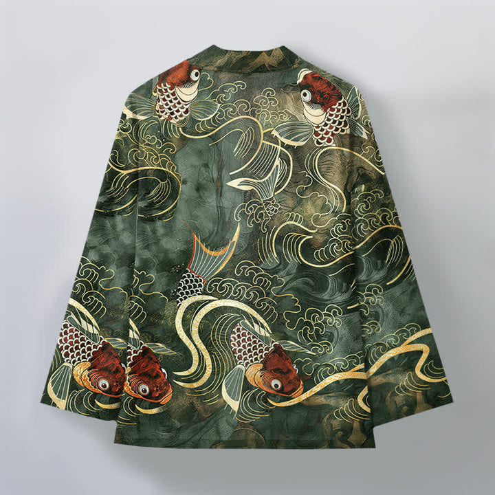 Buddha Stones Kimono pour homme en coton rouge à motif de carpes koï et de vagues dorées, ouvert sur le devant - image 11