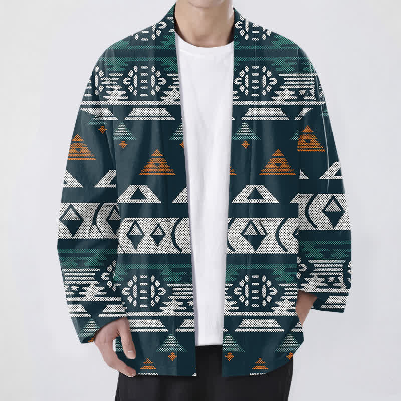Buddha Stones Kimono pour homme en coton turquoise à motif géométrique aztèque, ouvert sur le devant - Sarcelle - US/UK/AU48，EU58 (4XL) - image 0