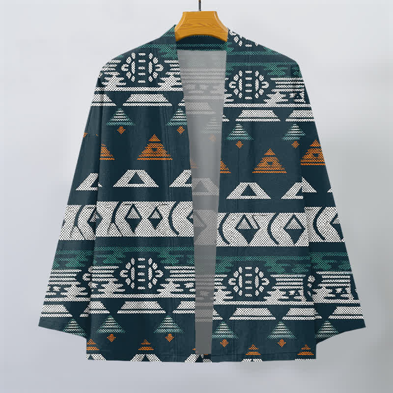 Buddha Stones Kimono pour homme en coton turquoise à motif géométrique aztèque, ouvert sur le devant - image 1
