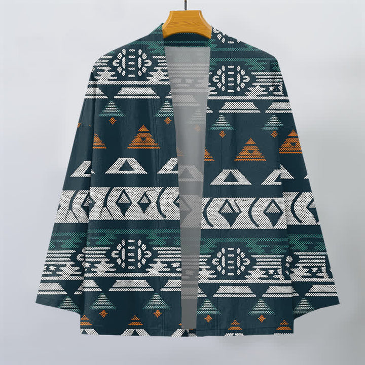 Buddha Stones Kimono pour homme en coton turquoise à motif géométrique aztèque, ouvert sur le devant - image 1