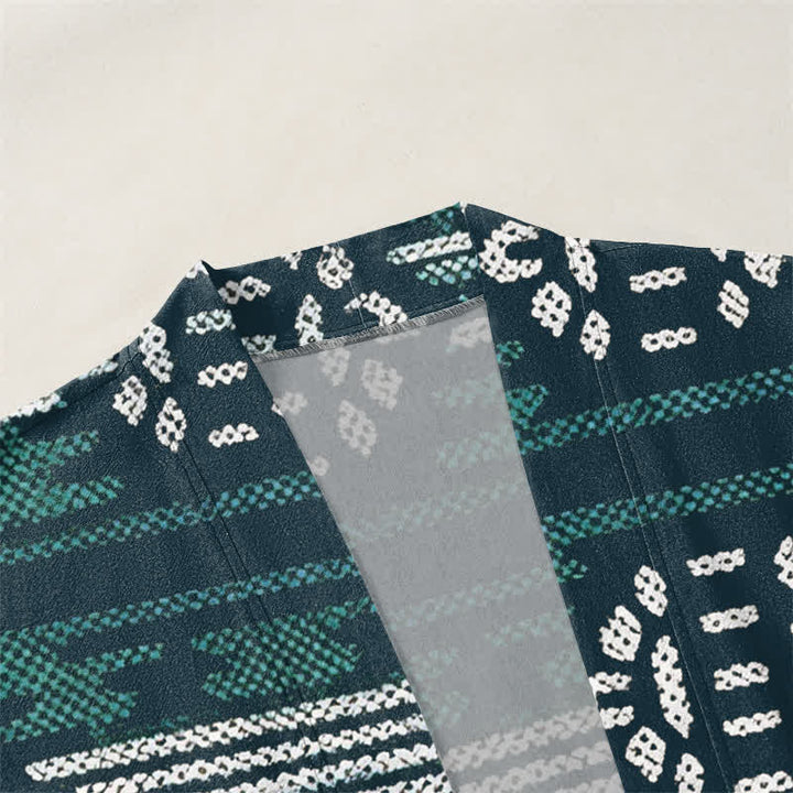 Buddha Stones Kimono pour homme en coton turquoise à motif géométrique aztèque, ouvert sur le devant - image 3