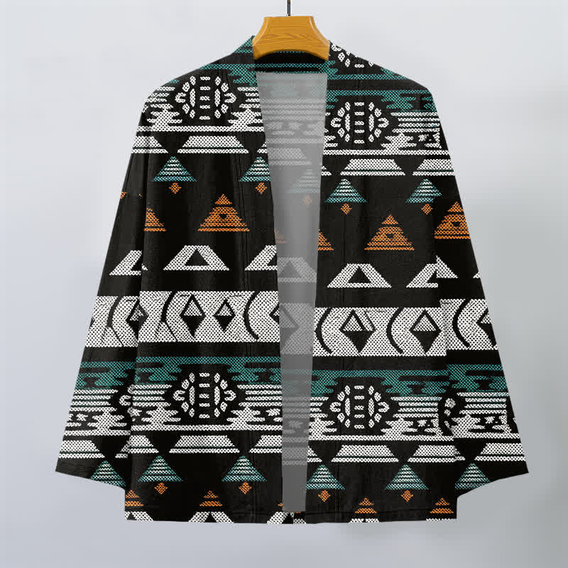 Buddha Stones Kimono pour homme en coton turquoise à motif géométrique aztèque, ouvert sur le devant - image 7