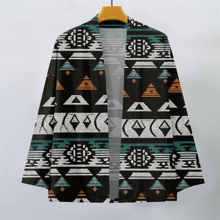 Buddha Stones Kimono pour homme en coton turquoise à motif géométrique aztèque, ouvert sur le devant - image 7