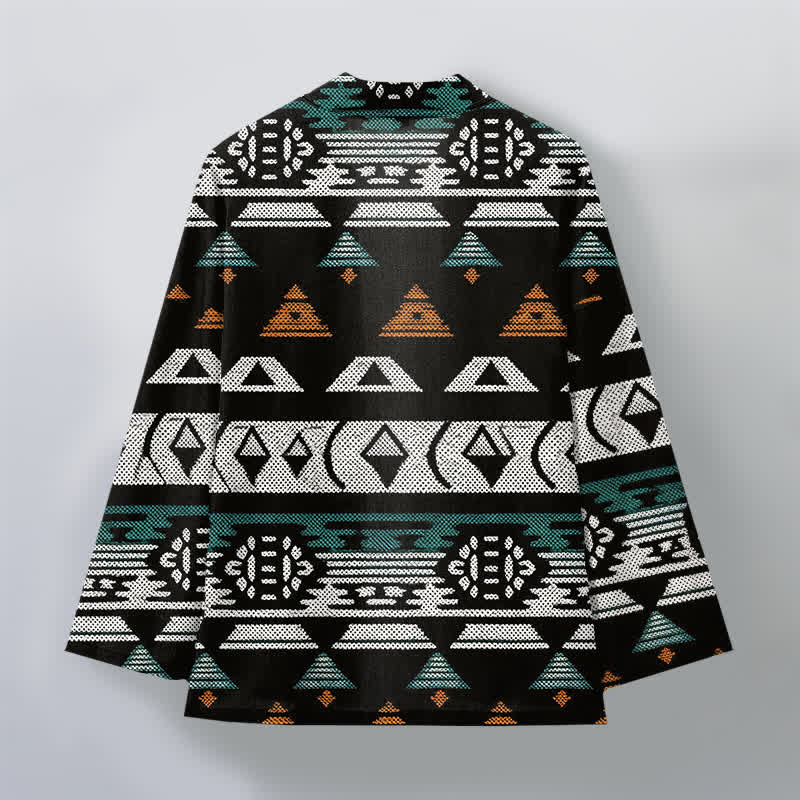 Buddha Stones Kimono pour homme en coton turquoise à motif géométrique aztèque, ouvert sur le devant - image 8